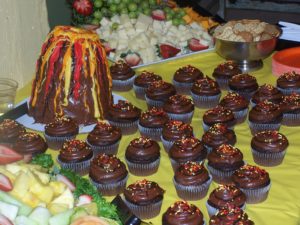 Volcano cake and lava cupcakes.